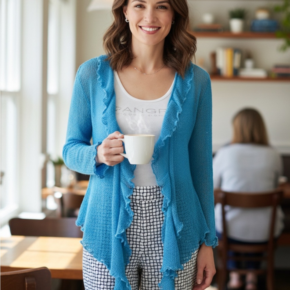 Mirror Image Blue Ruffle Open Front Cardigan Crochet Knit One Size Y2K Mermaid